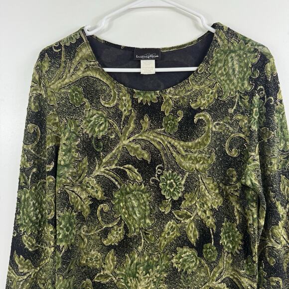Vintage 90s Y2K Black Green Floral Top Large Metallic Textured Pullover Retro - Picture 2 of 13